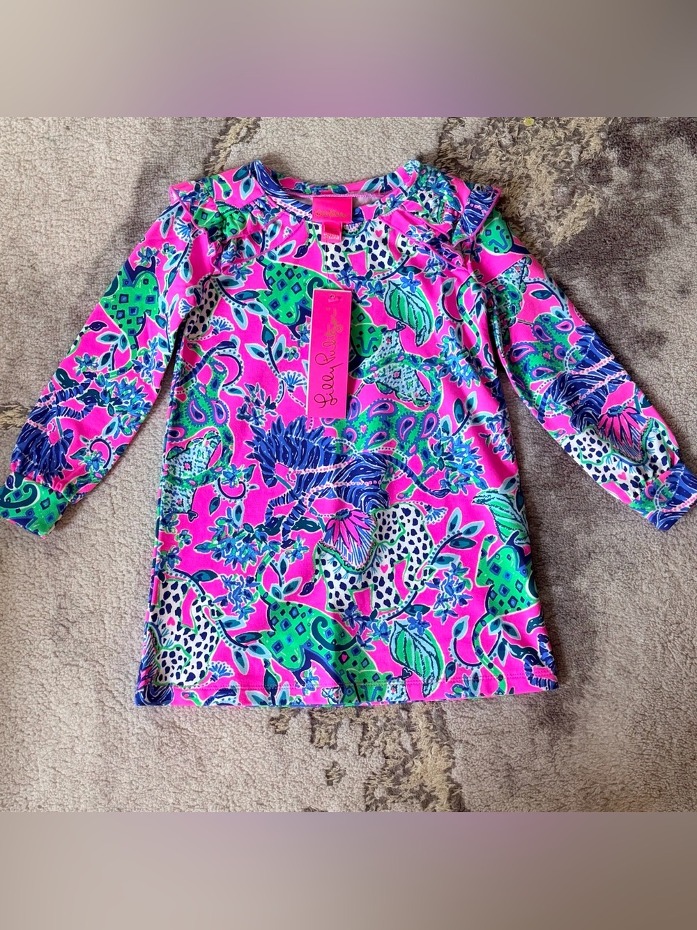 NWT Lilly Pulitzer Pink Floral & Animal Print Ruffle Dress Sz XS (2/3)